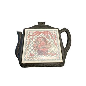 Vintage San Ho Teapot Shaped Cast Iron Trivet With Tile Insert Made In Taiwan